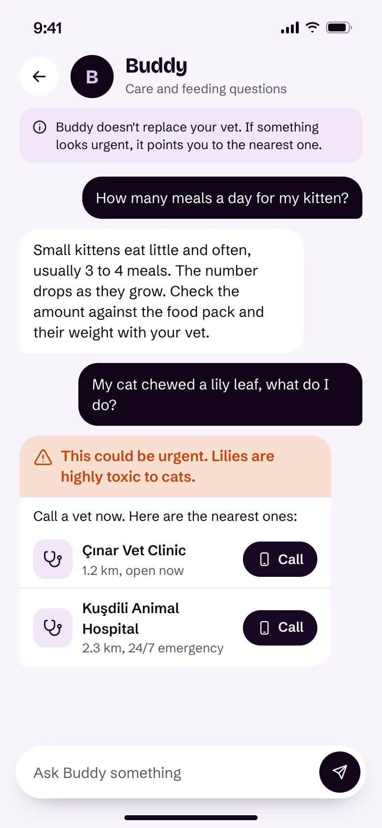 Buddy chat: “My cat chewed a lily leaf, what do I do?” gets a “This could be urgent” warning and the nearest vets.