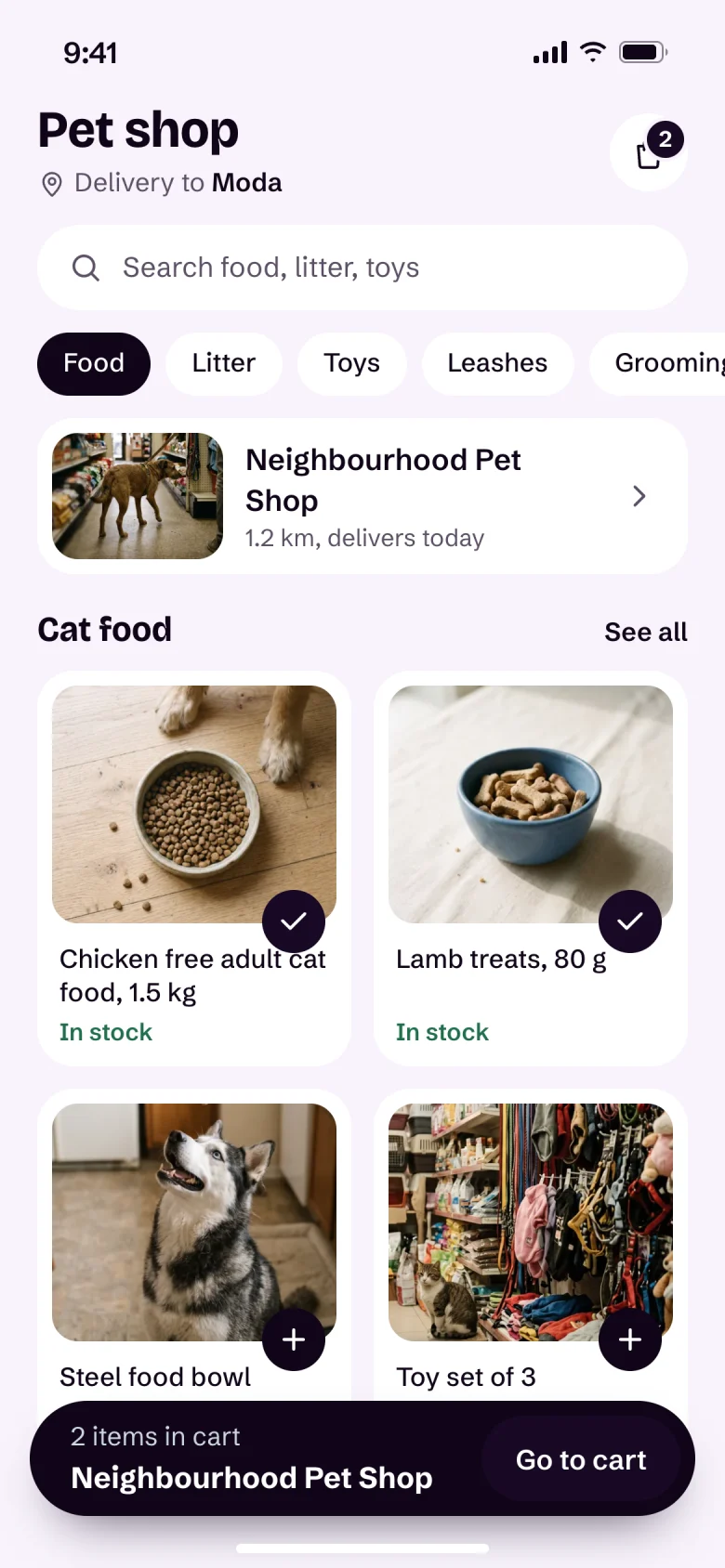 Pet shop screen in the app: Mahalle Pet Shop, 2 items in the basket