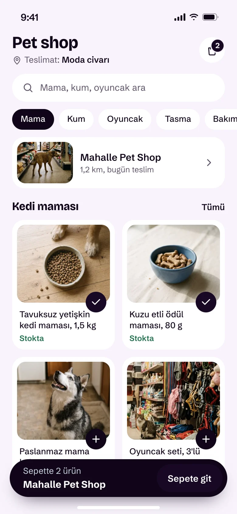 Uygulamada pet shop ekranı: Mahalle Pet Shop, sepette 2 ürün