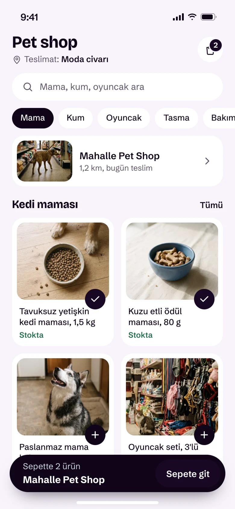 Pet shop ekranı: Mahalle Pet Shop'tan bugün teslim, sepette tavuksuz kedi maması ve kuzu etli ödül maması.