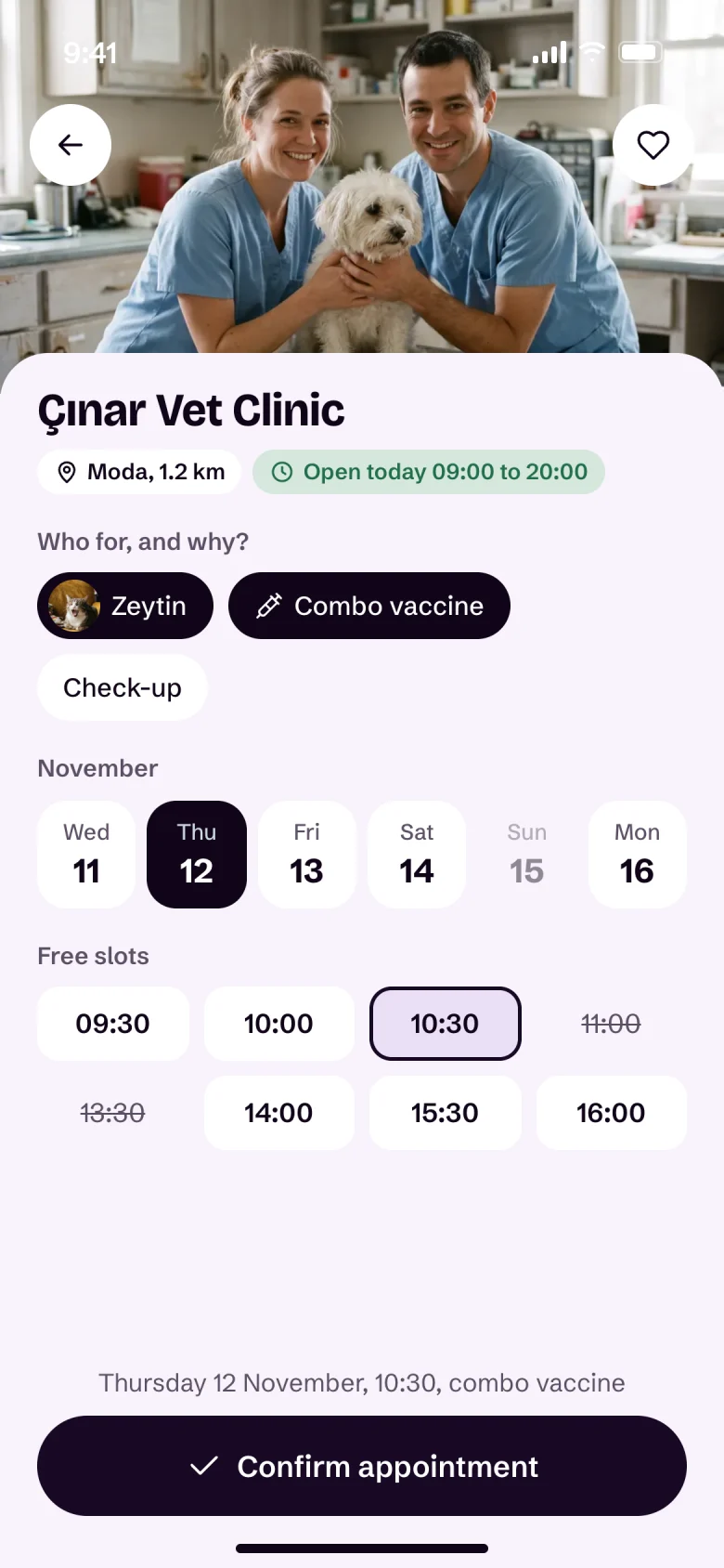 Çınar Vet Clinic booking screen: combo vaccine for Zeytin, Thursday 12 November at 10:30 selected.