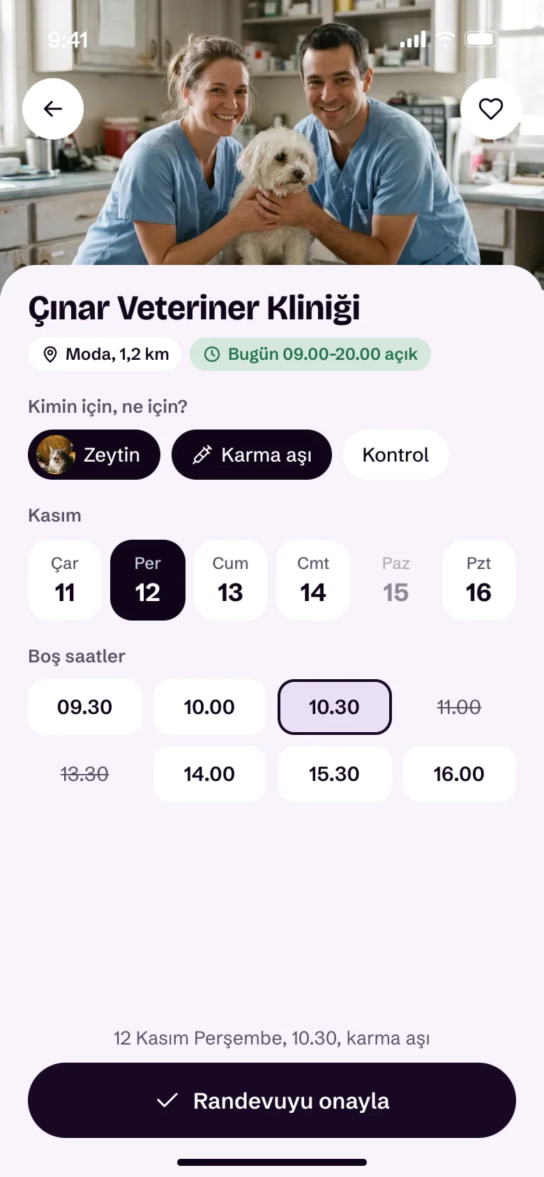 Uygulamada veteriner randevusu ekranı: Çınar Veteriner Kliniği, 12 Kasım 10.30