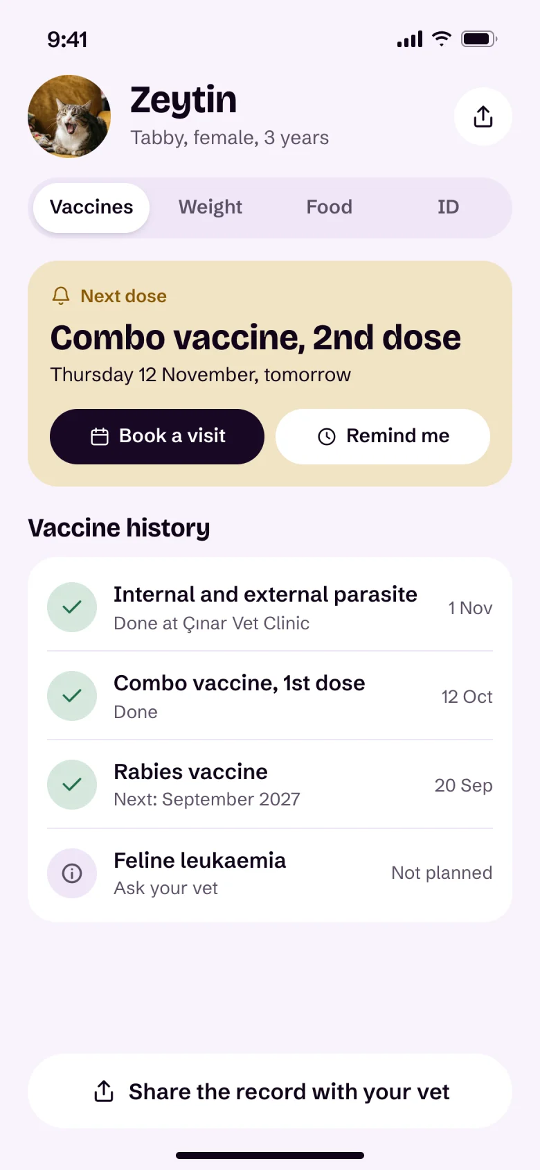 Zeytin's health record, vaccines tab