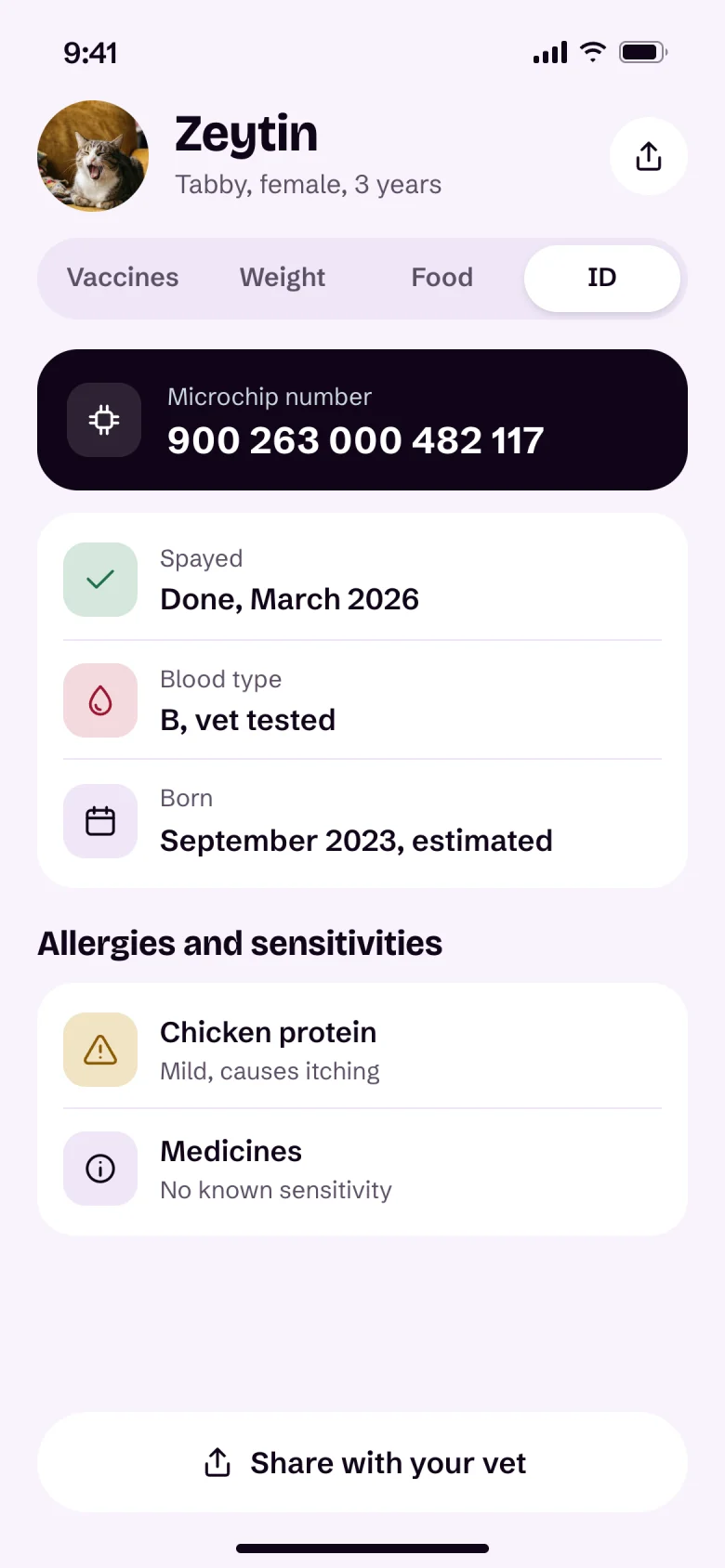 Zeytin's ID and allergy details