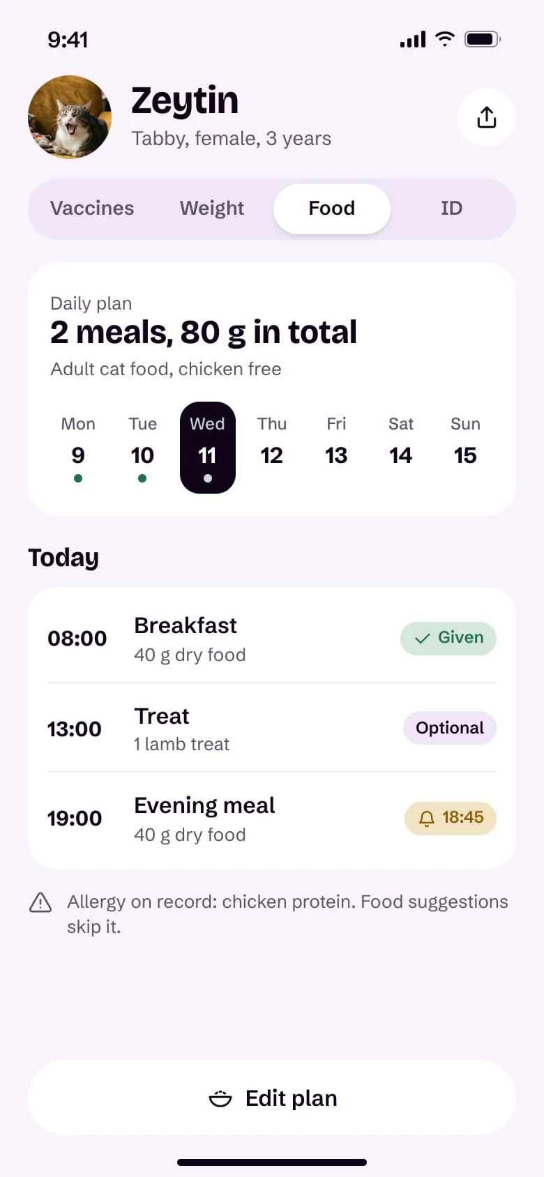 Zeytin's meal plan