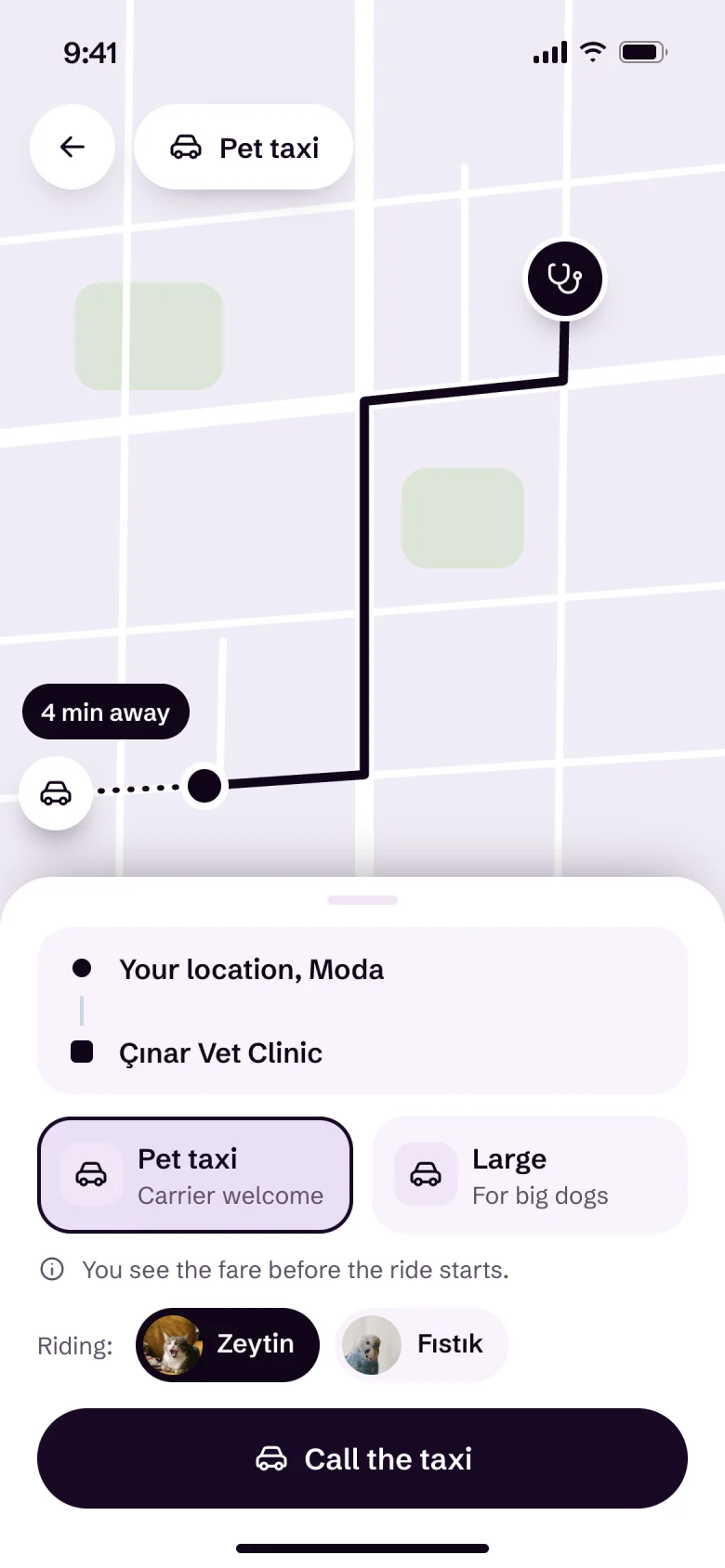 Pet taxi screen: from Moda to Çınar Vet Clinic, car 4 min away, Zeytin riding.
