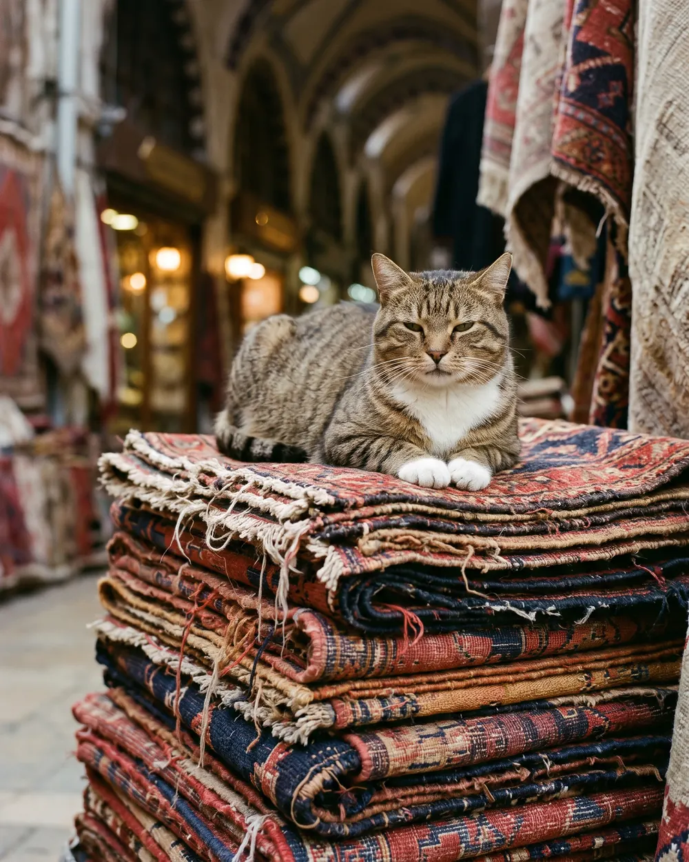 A chubby tabby cat sitting on top of a pile of kilims
