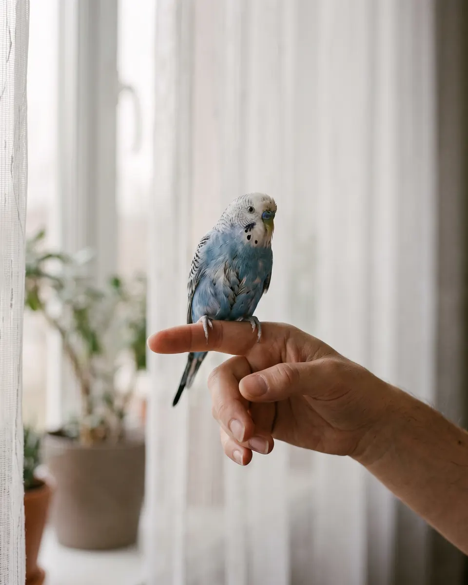 A blue budgie perched on someone's finger