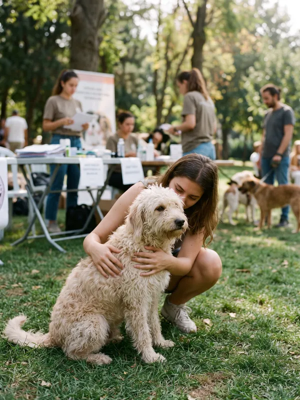A young man petting a curly-haired dog at an adoption day