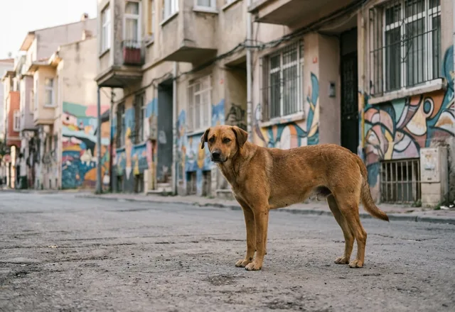 A short-haired brown mixed-breed dog standing on its own in the street