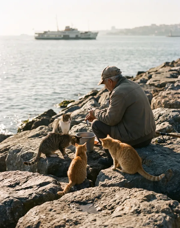 A fisherman on a sunny waterfront surrounded by street cats