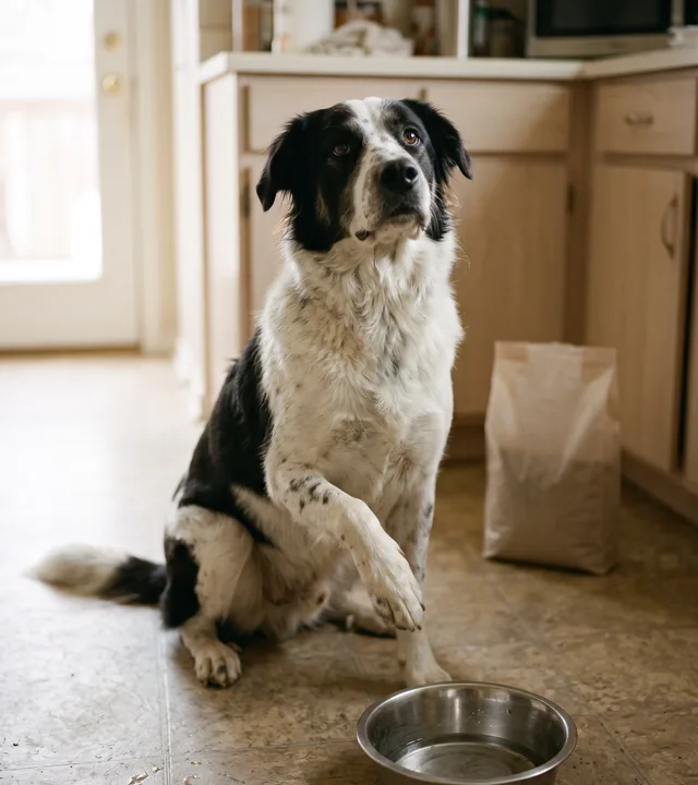 A merle shepherd dog waiting at its food bowl with a paw raised