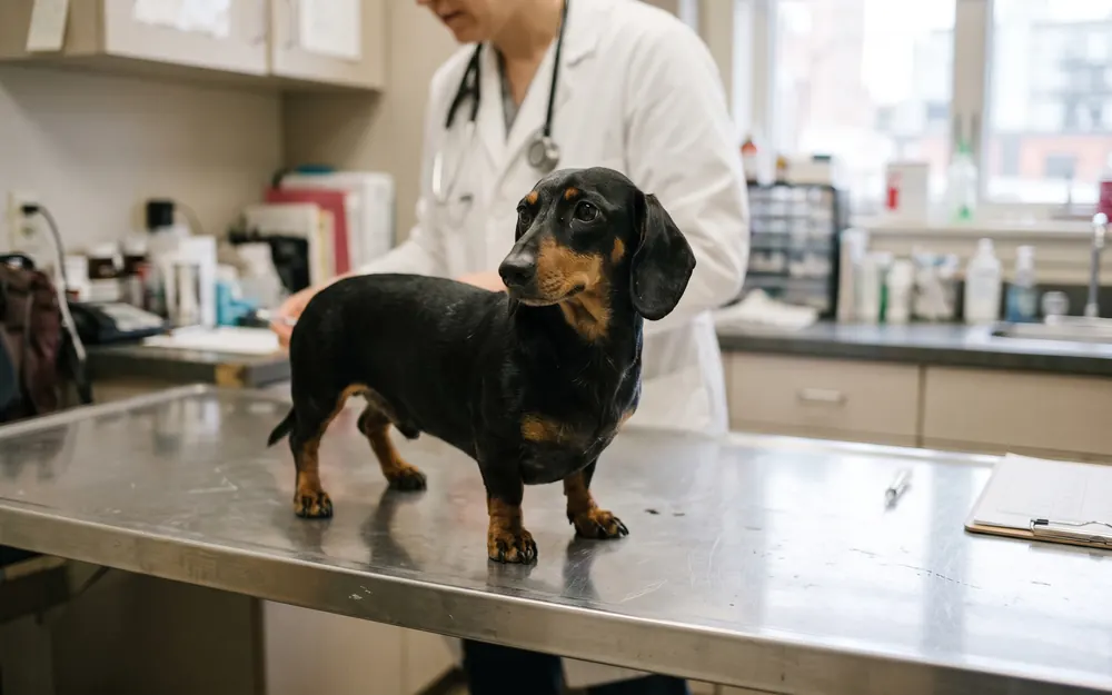 A black dachshund on a clinic exam table with a vet in a white coat behind it
