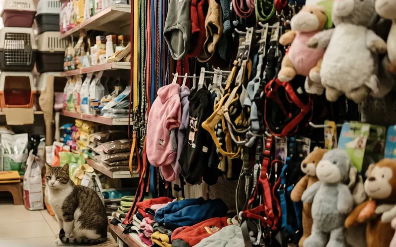 Pet shop shelves full of leashes, toys and clothes