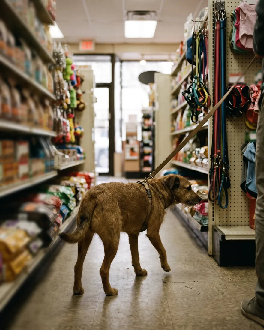 Pet shop koridorunda dolaşan kahverengi köpek