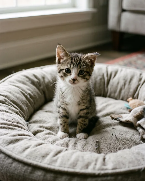 Yuvarlak bir kedi yatağında oturan tekir beyaz yavru kedi